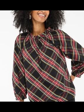 J. Crew Factory Black Plaid Smocked Yoke Blouse with Red & Yellow Stripes Size M